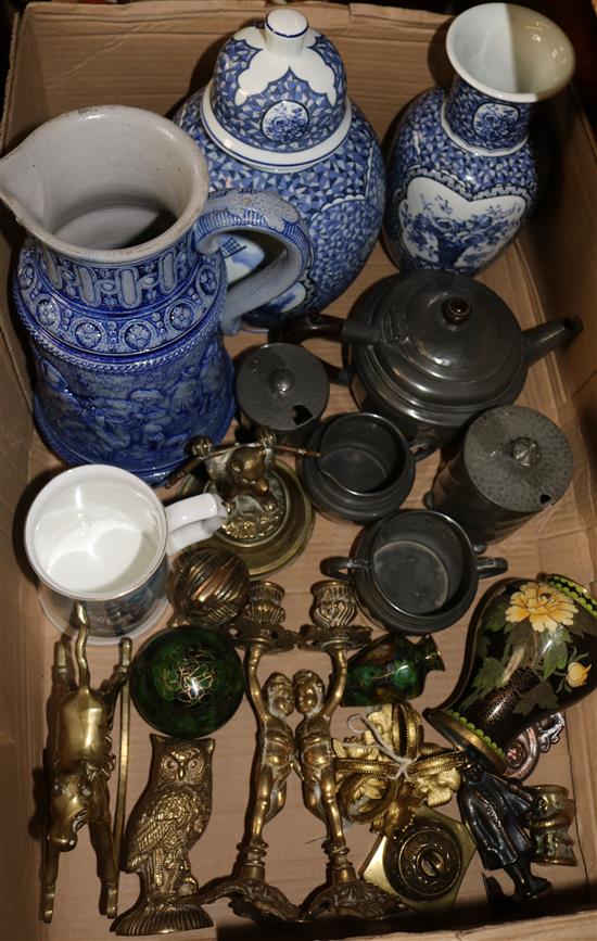 Mixed pewter, brassware, cloisonne & ceramics